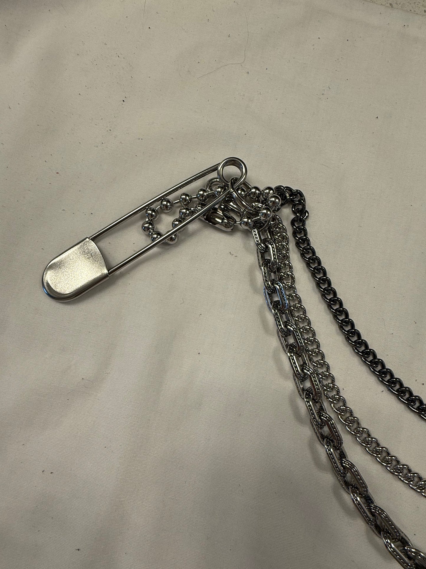 One-of-a-Kind Silver-Tone Three-Tier Bag Chain | Black Pebbled Leather Tassel, Ball Chain & XL Safety Pin
