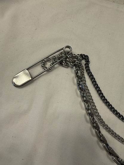 One-of-a-Kind Silver-Tone Three-Tier Bag Chain | Black Pebbled Leather Tassel, Ball Chain & XL Safety Pin
