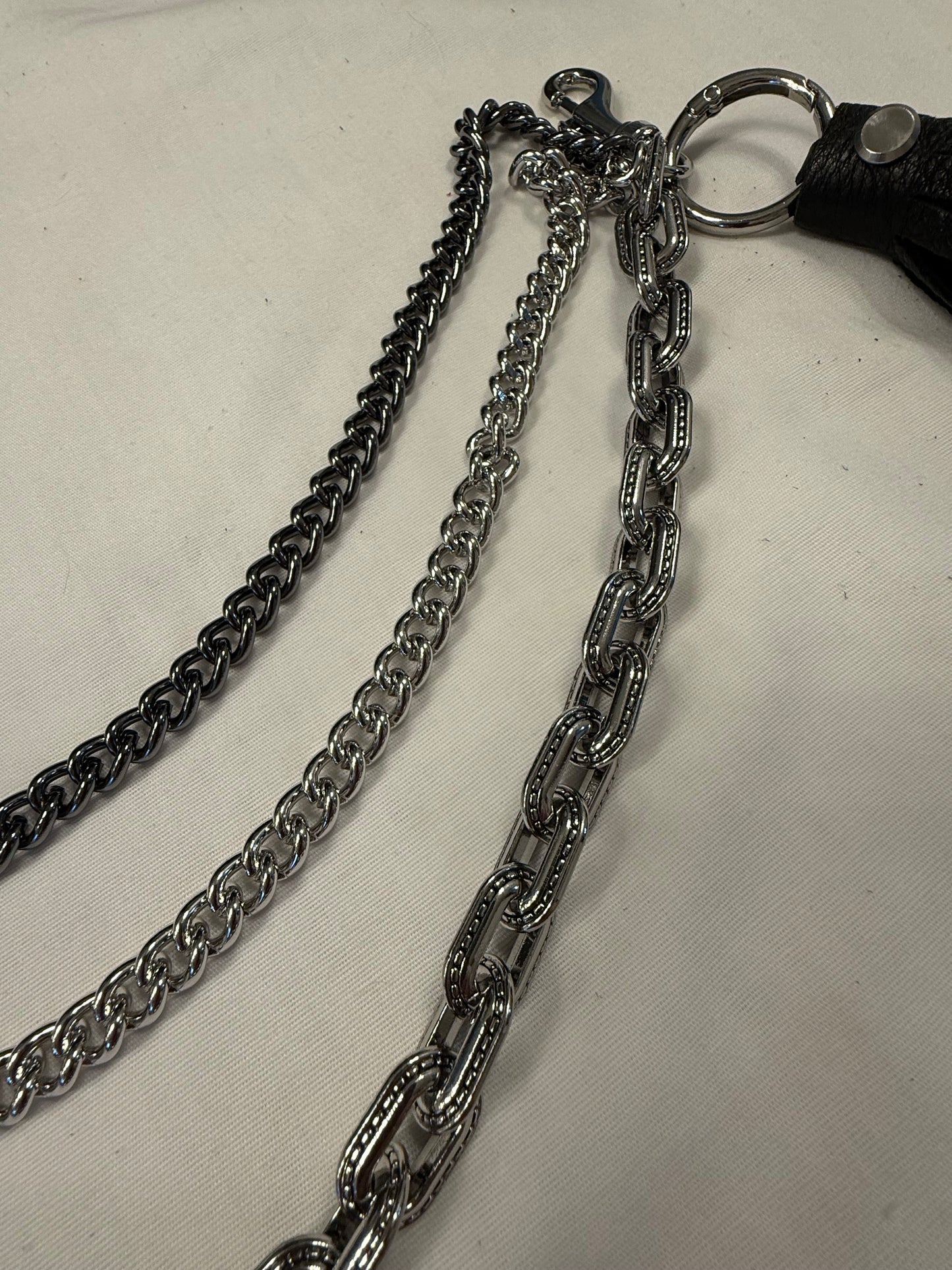 One-of-a-Kind Silver-Tone Three-Tier Bag Chain | Black Pebbled Leather Tassel, Ball Chain & XL Safety Pin