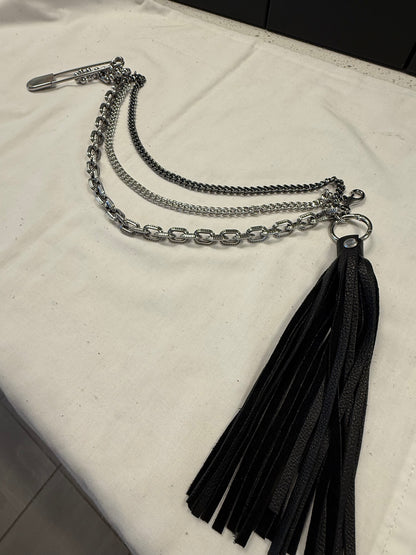 One-of-a-Kind Silver-Tone Three-Tier Bag Chain | Black Pebbled Leather Tassel, Ball Chain & XL Safety Pin