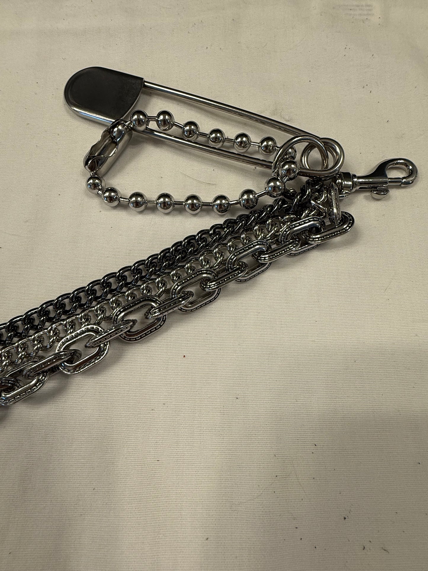 One-of-a-Kind Silver-Tone Three-Tier Bag Chain | Black Pebbled Leather Tassel, Ball Chain & XL Safety Pin