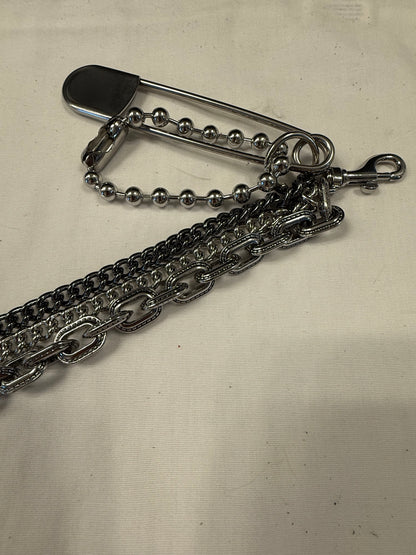 One-of-a-Kind Silver-Tone Three-Tier Bag Chain | Black Pebbled Leather Tassel, Ball Chain & XL Safety Pin