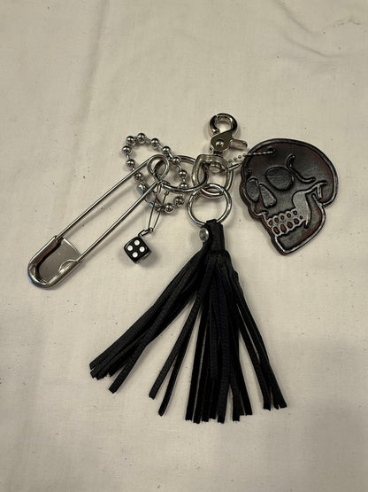 Ships 10.13.26 Bag Charm Cluster | Distressed KMM & Co. Leather Skull, Black Leather Tassel & Silver Hardware