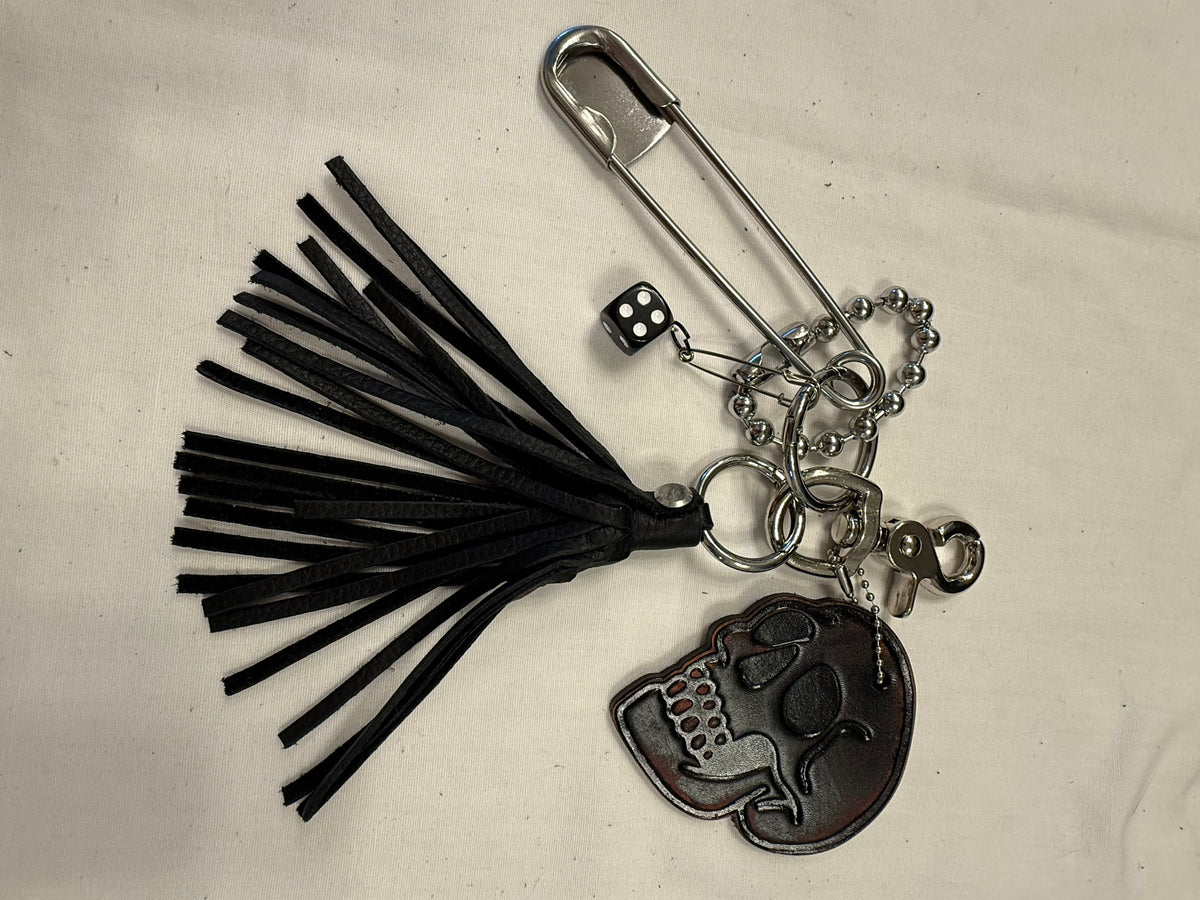 Ships 10.13.26 Bag Charm Cluster | Distressed KMM & Co. Leather Skull, Black Leather Tassel & Silver Hardware