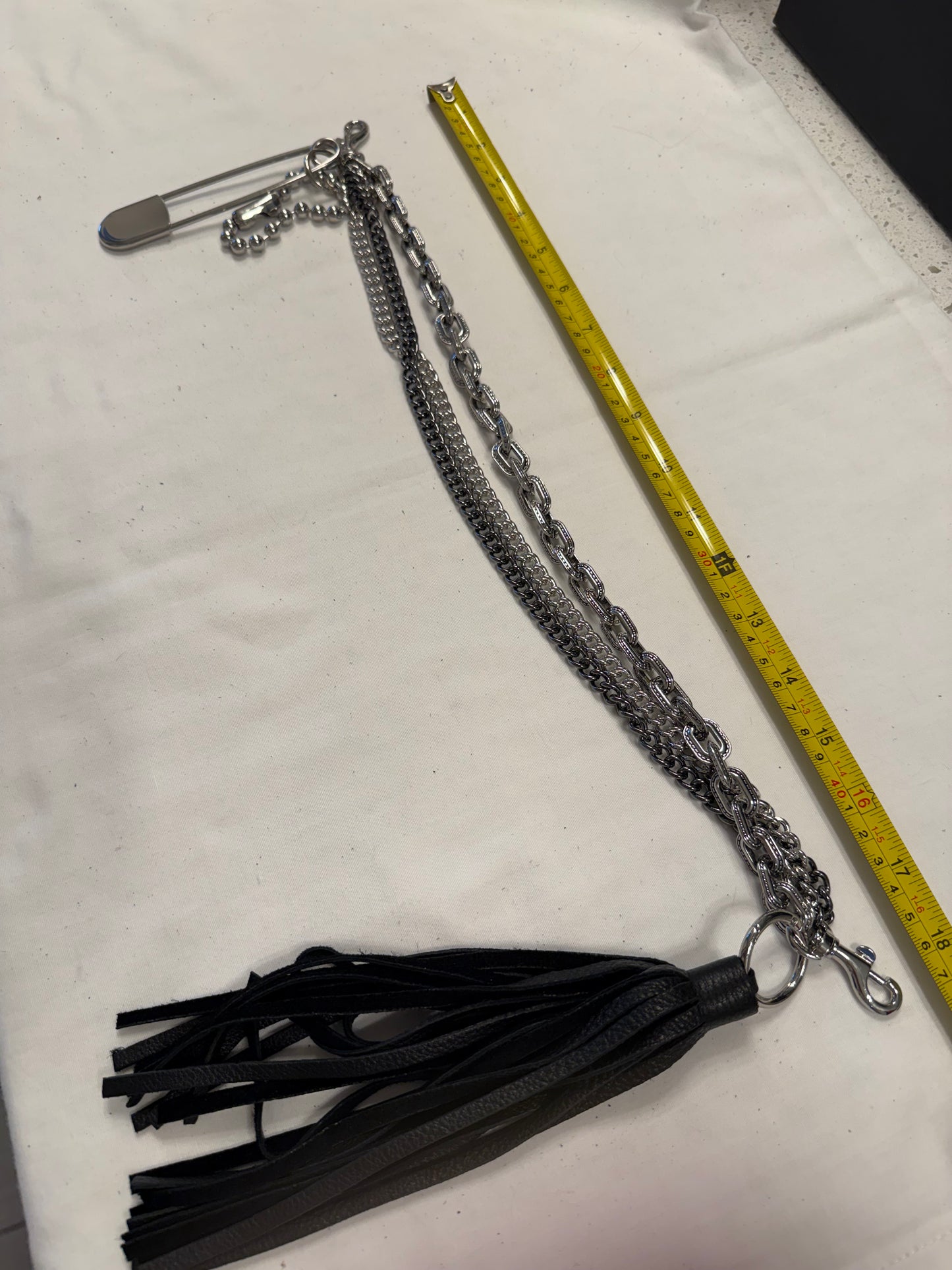 One-of-a-Kind Silver-Tone Three-Tier Bag Chain | Black Pebbled Leather Tassel, Ball Chain & XL Safety Pin