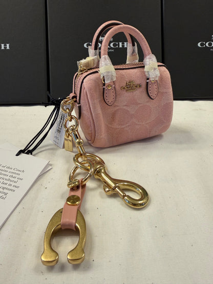 Repurposed Bag Charm Coach Signature Pink Jacquard Mini Rowan Bag Charm (NWT) | Repurposed Coach Tic Tac Toe "C" Charm