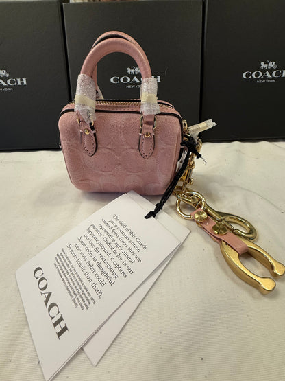 Repurposed Bag Charm Coach Signature Pink Jacquard Mini Rowan Bag Charm (NWT) | Repurposed Coach Tic Tac Toe "C" Charm