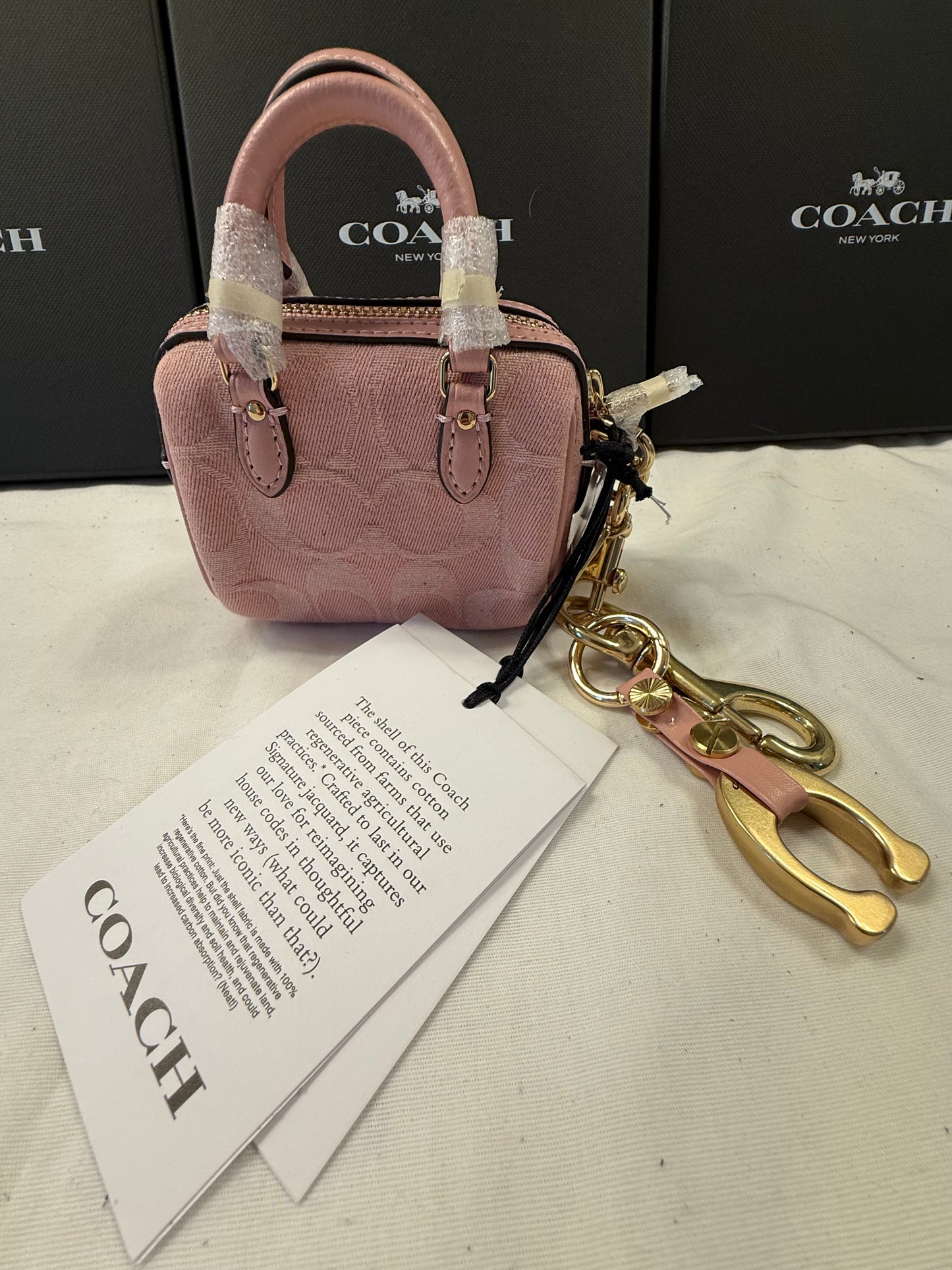 Repurposed Bag Charm Coach Signature Pink Jacquard Mini Rowan Bag Charm (NWT) | Repurposed Coach Tic Tac Toe "C" Charm