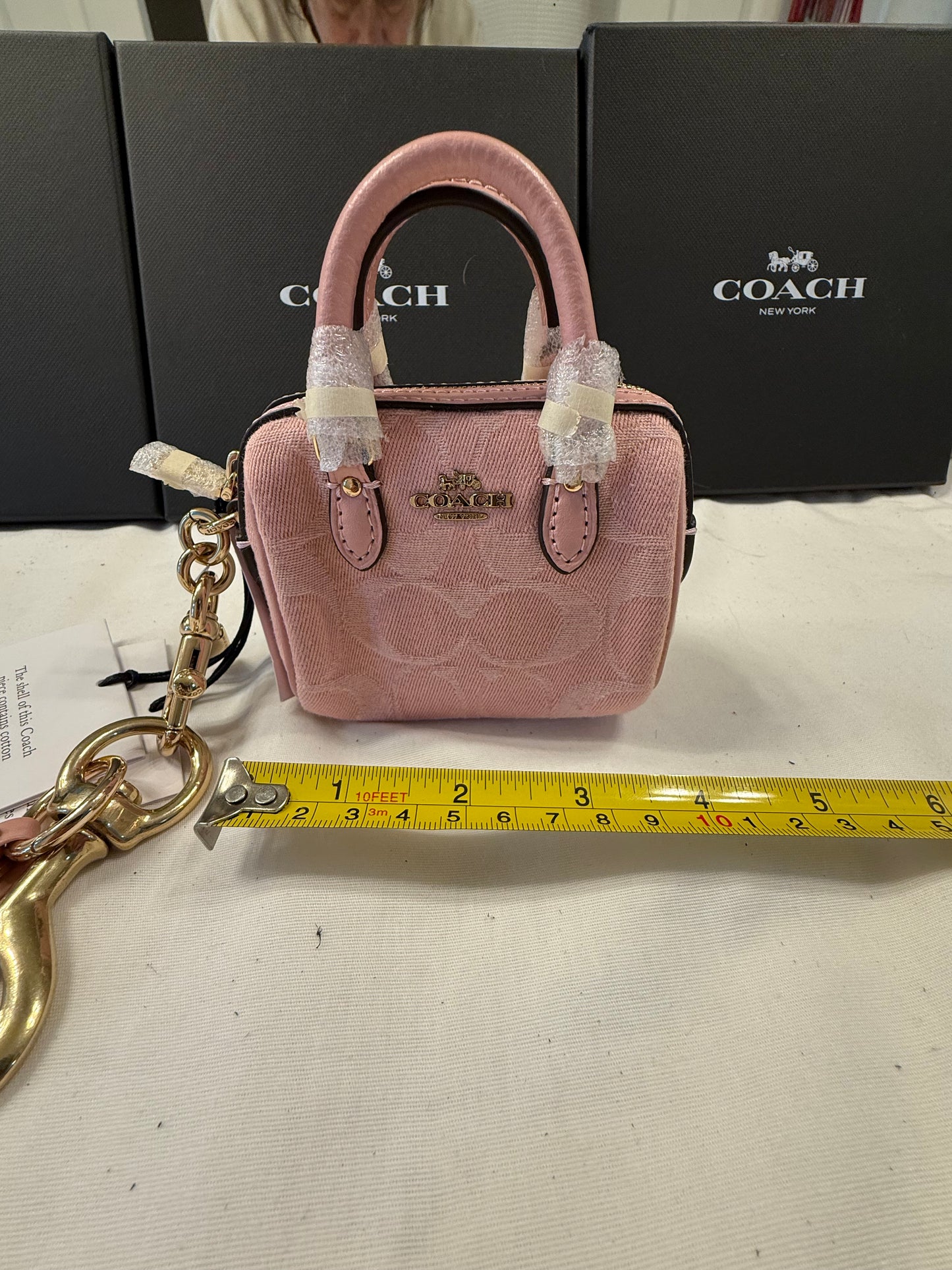 Repurposed Bag Charm Coach Signature Pink Jacquard Mini Rowan Bag Charm (NWT) | Repurposed Coach Tic Tac Toe "C" Charm