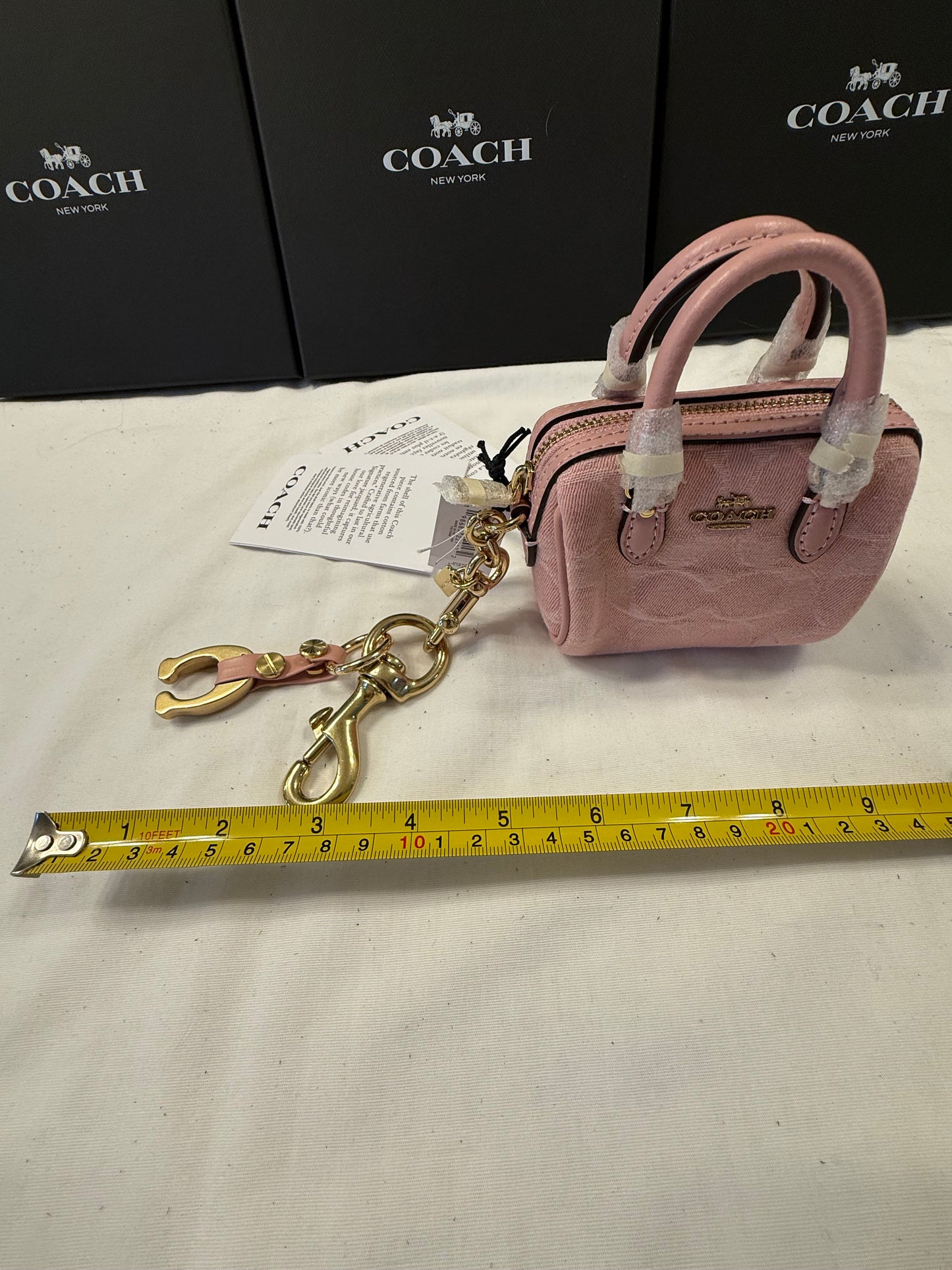 Repurposed Bag Charm Coach Signature Pink Jacquard Mini Rowan Bag Charm (NWT) | Repurposed Coach Tic Tac Toe "C" Charm