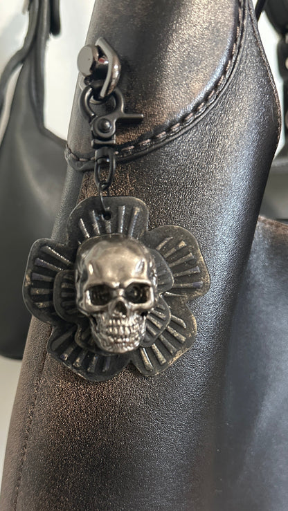 Repurposed Coach Leather Tea Rose Skull Bag Charm