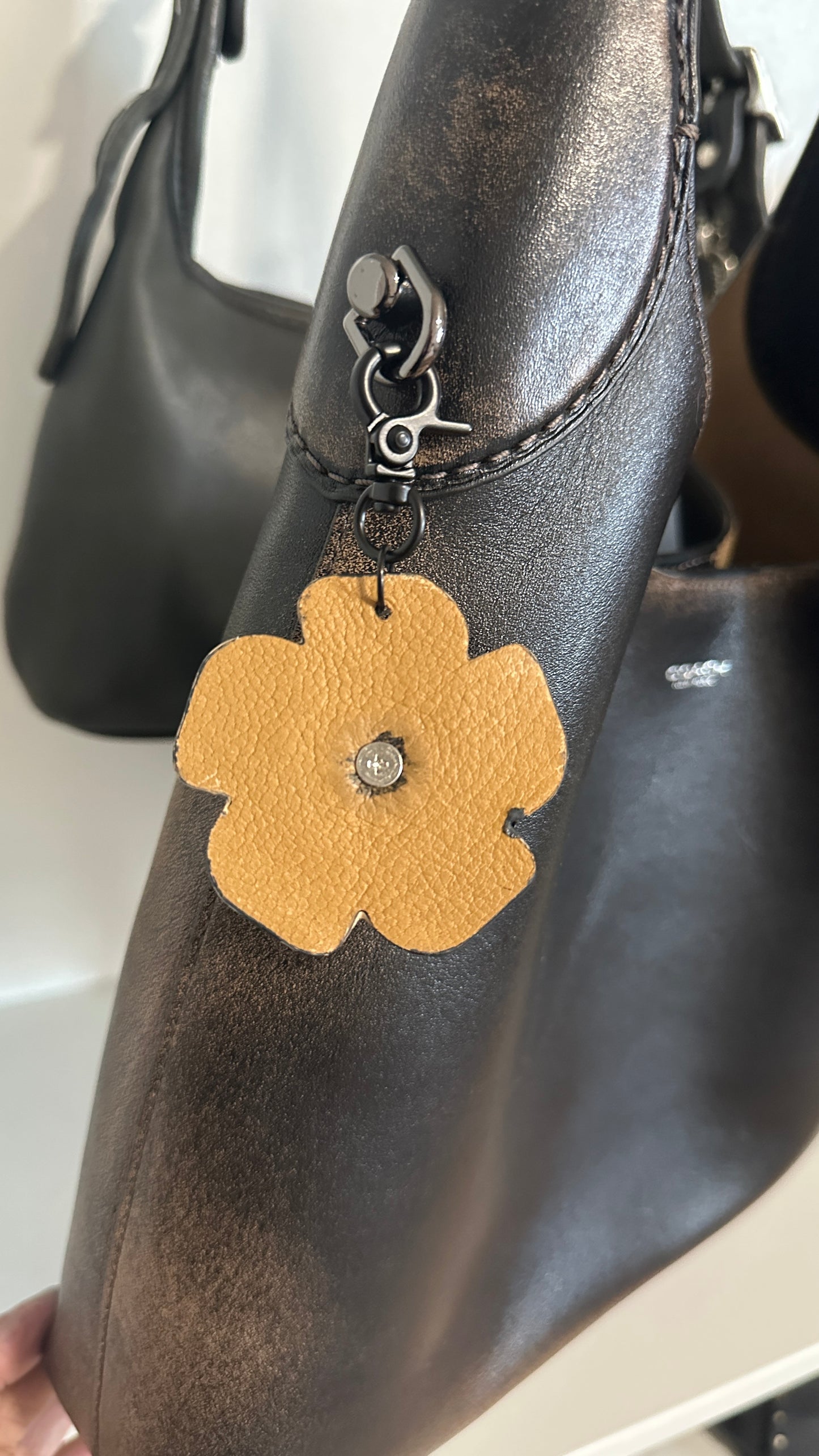 Repurposed Coach Leather Tea Rose Skull Bag Charm