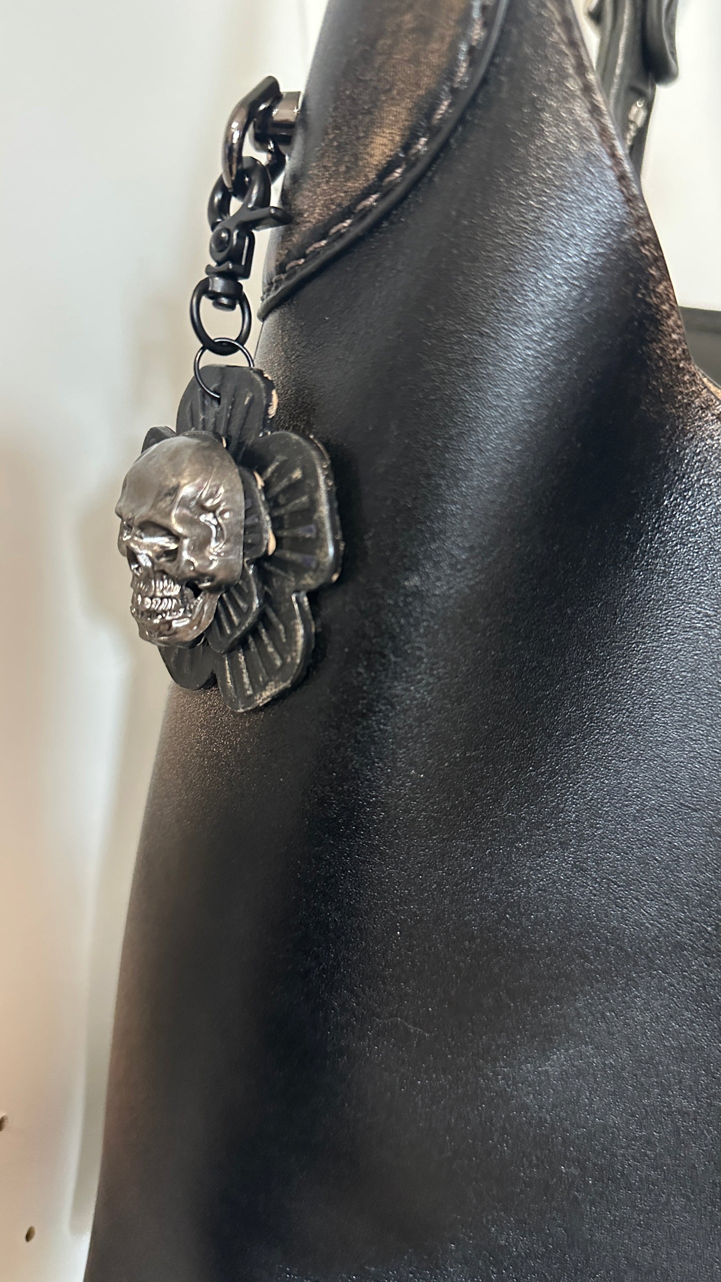 Repurposed Coach Leather Tea Rose Skull Bag Charm
