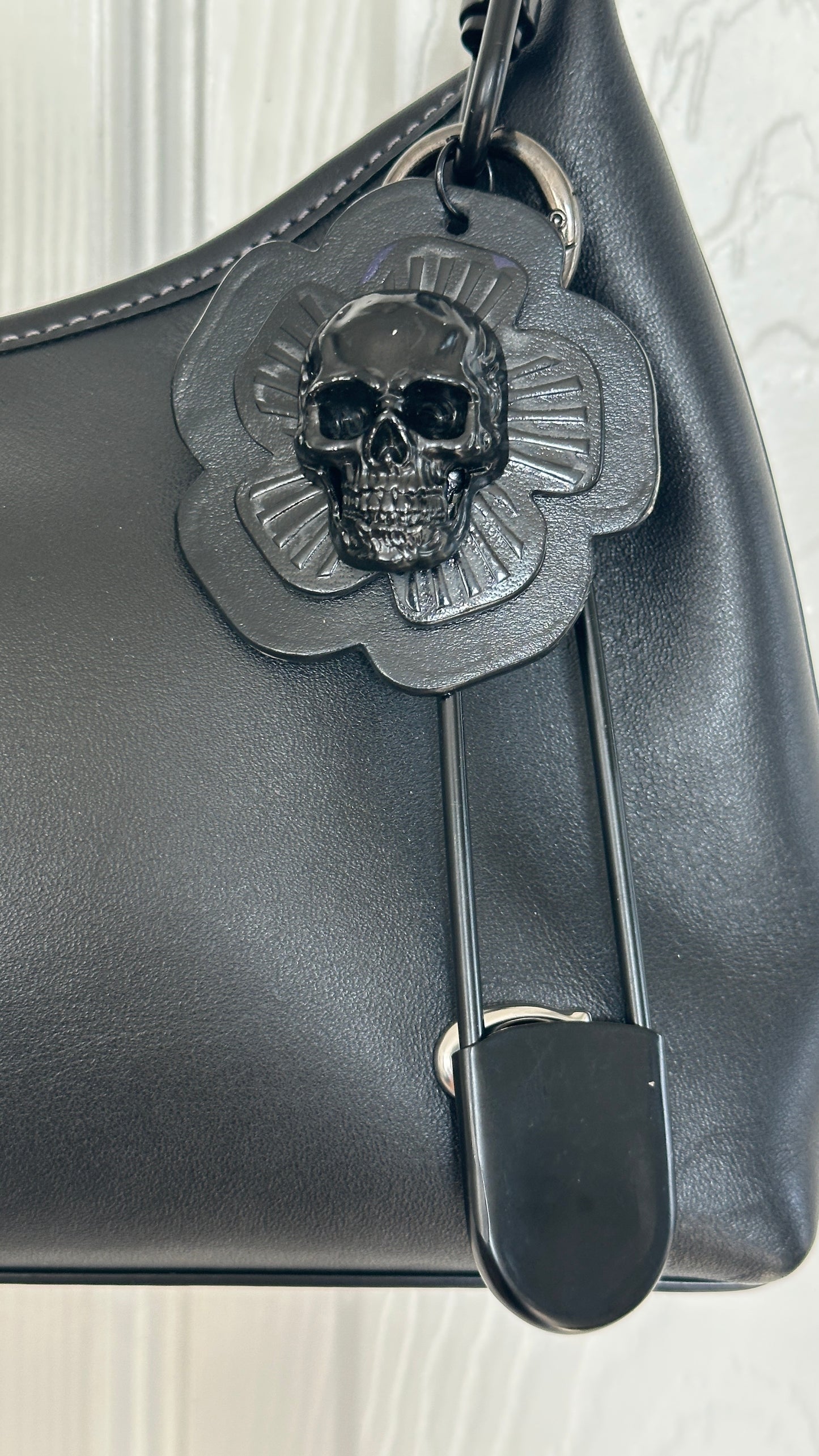 Repurposed Coach Black Tea Rose Skull Bag Charm