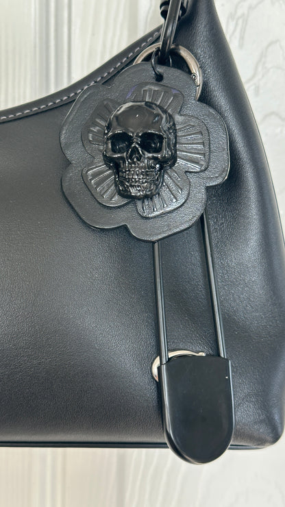 Repurposed Coach Black Tea Rose Skull Bag Charm