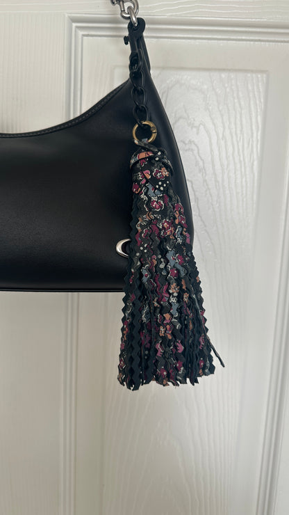 Modified Coach Floral Black Leather Zigzag-Capped Tassel Bag Charm