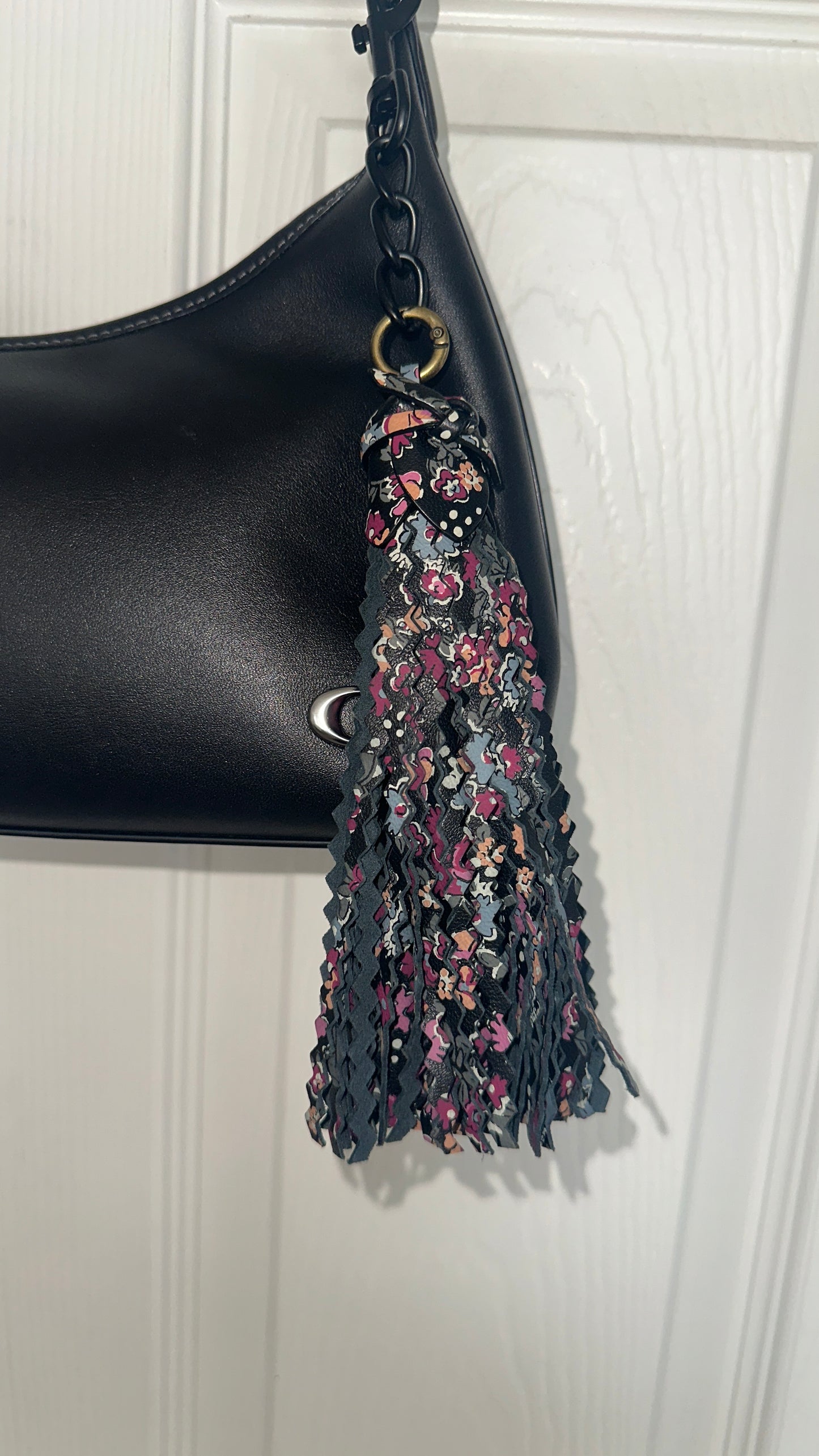 Modified Coach Floral Black Leather Zigzag-Capped Tassel Bag Charm