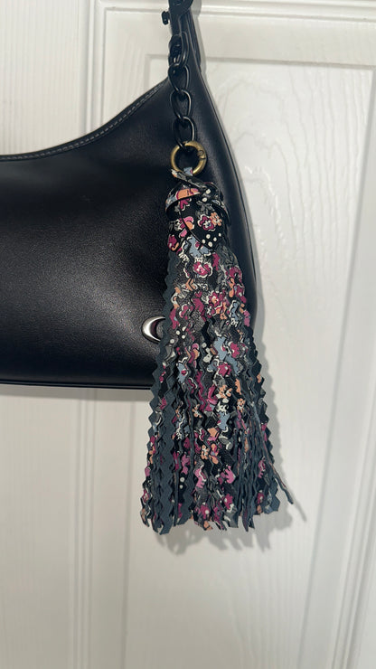Modified Coach Floral Black Leather Zigzag-Capped Tassel Bag Charm