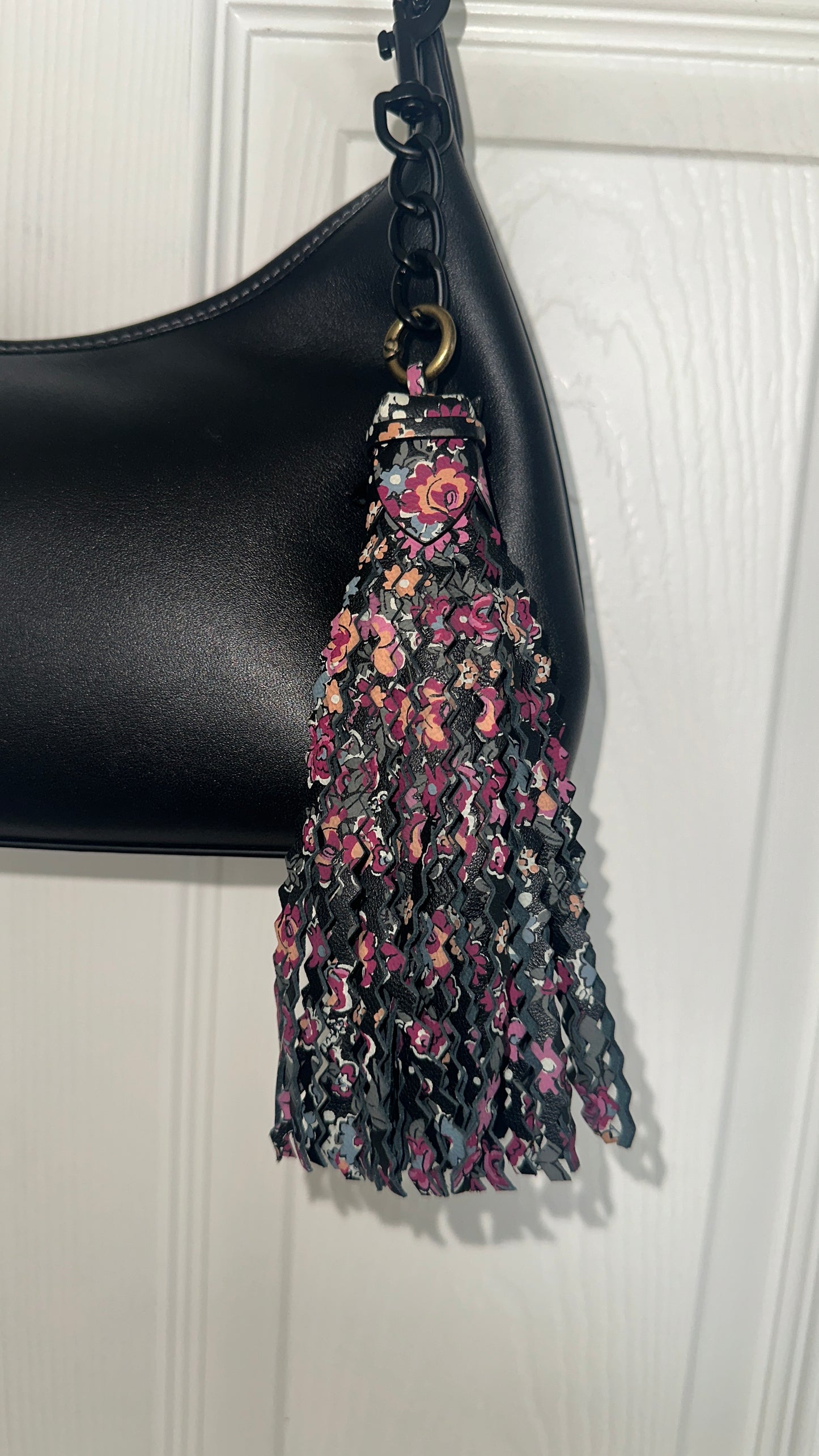 Modified Coach Floral Black Leather Zigzag-Capped Tassel Bag Charm