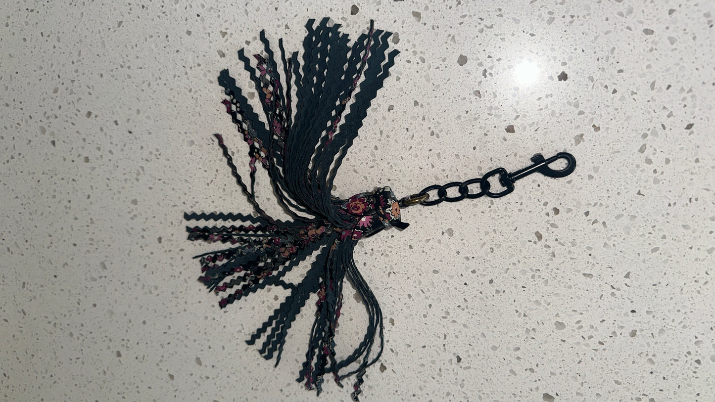 Modified Coach Floral Black Leather Zigzag-Capped Tassel Bag Charm