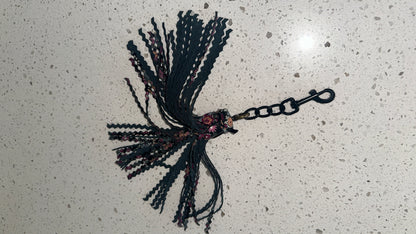 Modified Coach Floral Black Leather Zigzag-Capped Tassel Bag Charm