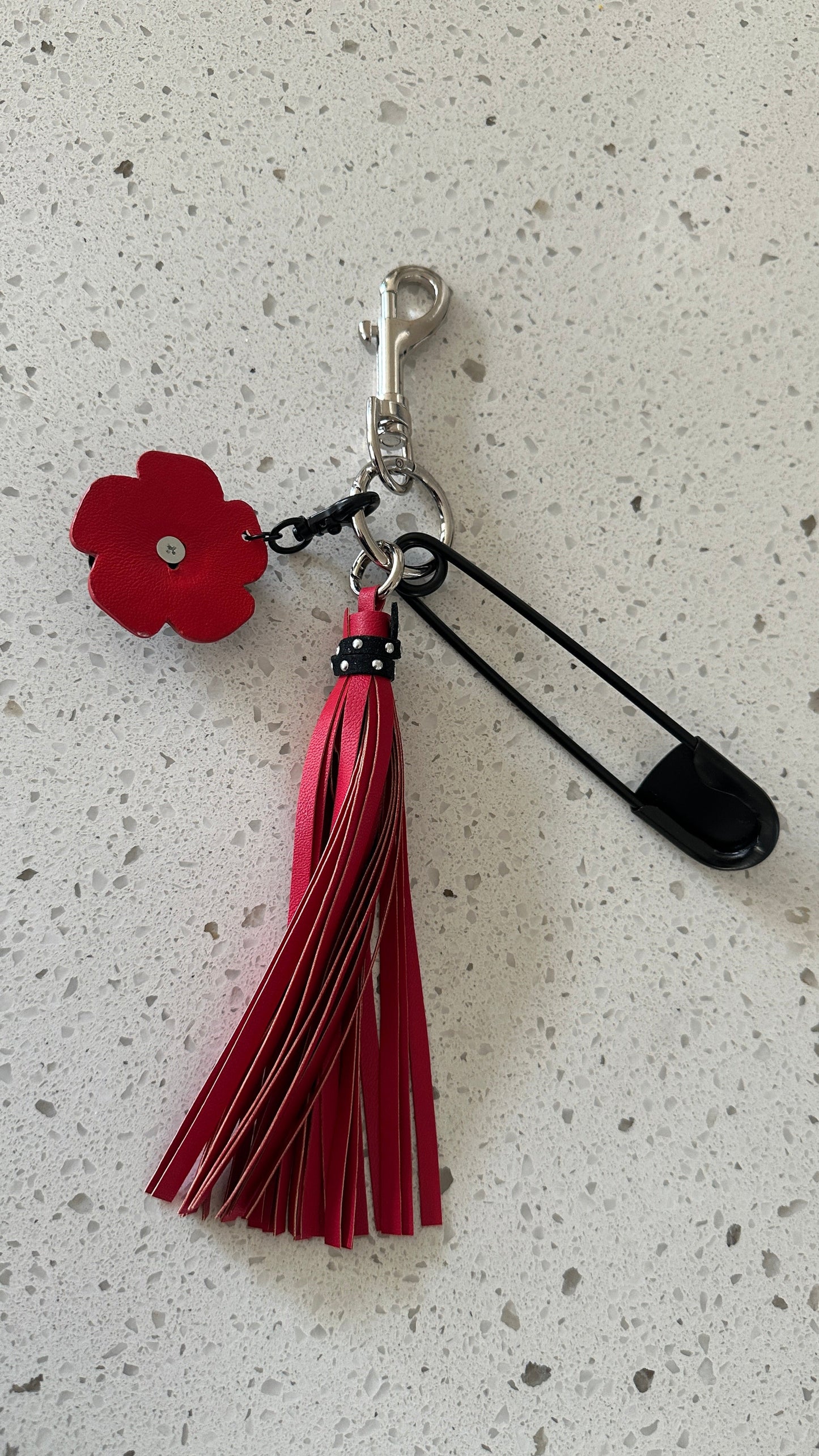 Repurposed Coach Tea Rose Skull, Safety Pin & Red Tassel Bag Charm Cluster