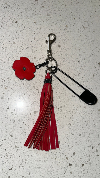 Repurposed Coach Tea Rose Skull, Safety Pin & Red Tassel Bag Charm Cluster