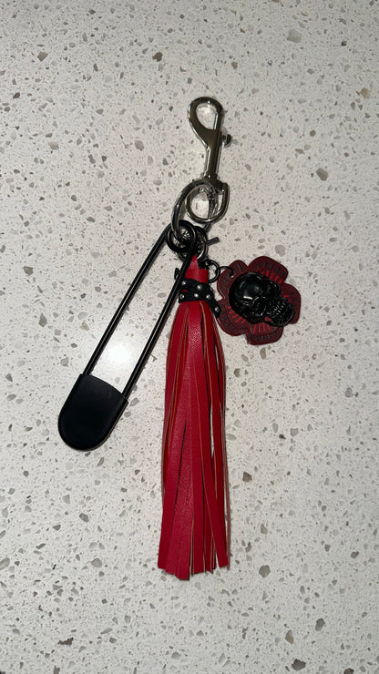 Repurposed Coach Tea Rose Skull, Safety Pin & Red Tassel Bag Charm Cluster