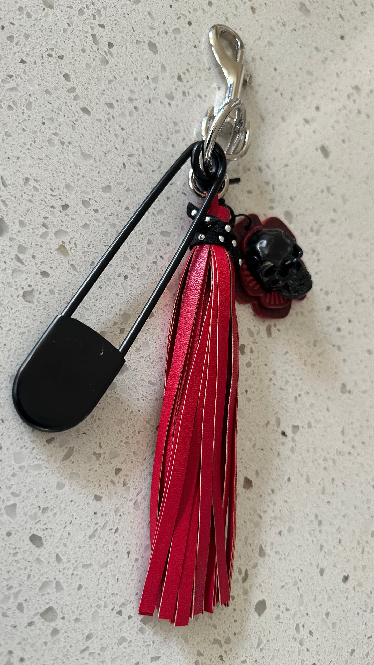 Repurposed Coach Tea Rose Skull, Safety Pin & Red Tassel Bag Charm Cluster