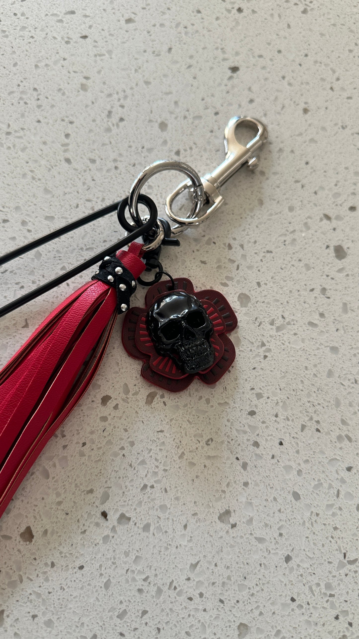 Repurposed Coach Tea Rose Skull, Safety Pin & Red Tassel Bag Charm Cluster