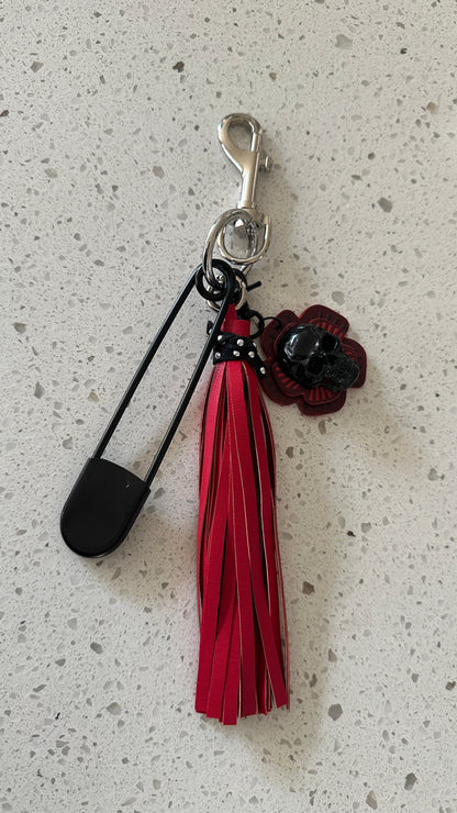 Repurposed Coach Tea Rose Skull, Safety Pin & Red Tassel Bag Charm Cluster