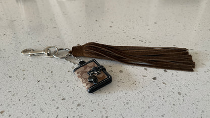 Repurposed Coach Signature “C” Photo Charm & Suede Tassel Bag Charm Cluster