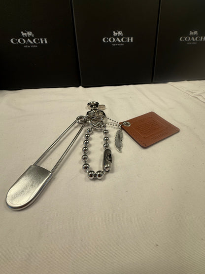 Upcrafted Coach Storypatch Bag Charm Cluster – Repurposed Coach Creed Patch – XL Silver Tone Safety Pin – Feather Charm – One of a Kind