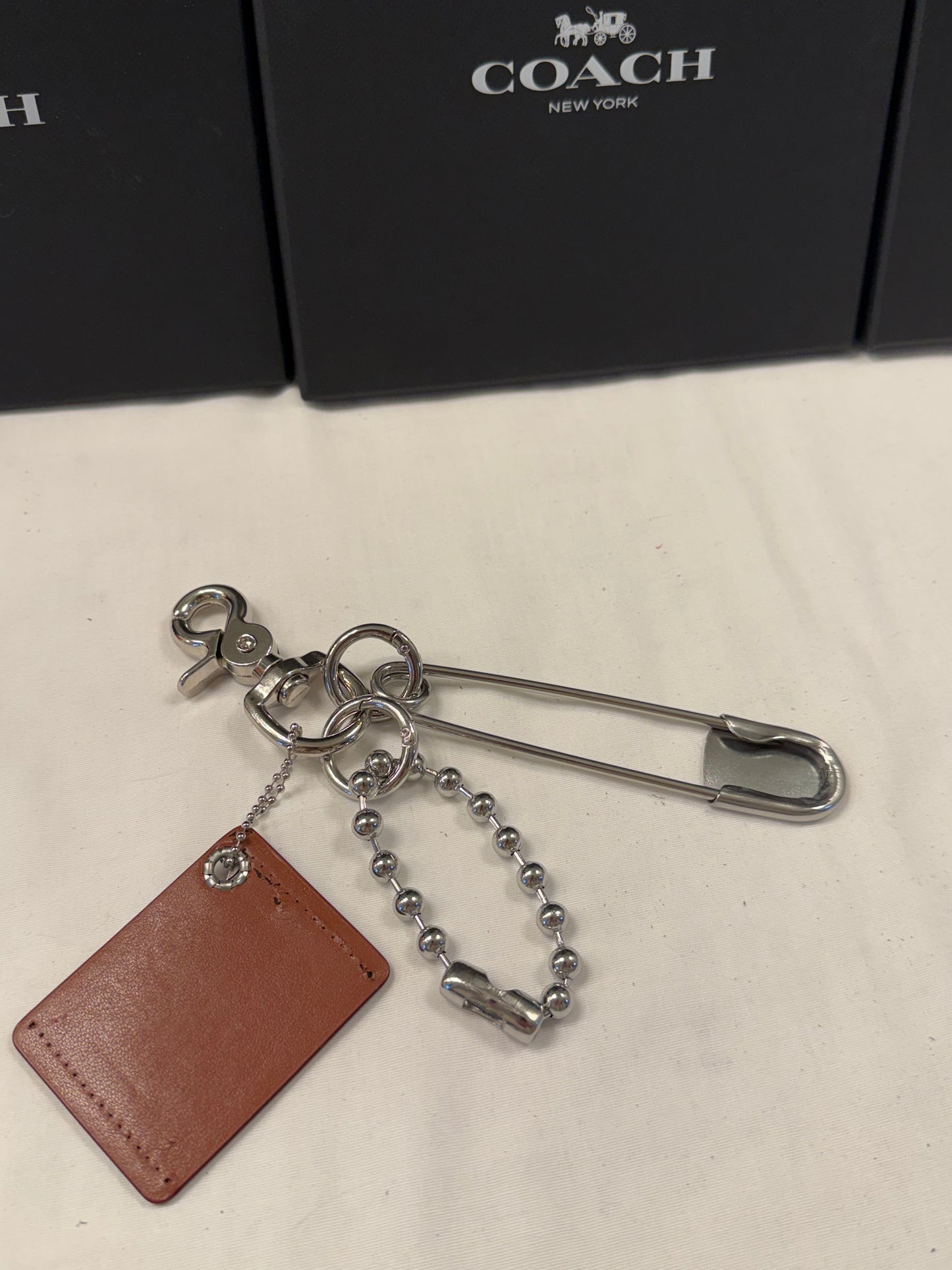 Upcrafted Coach Storypatch Bag Charm Cluster – Repurposed Coach Creed Patch – XL Silver Tone Safety Pin – Feather Charm – One of a Kind