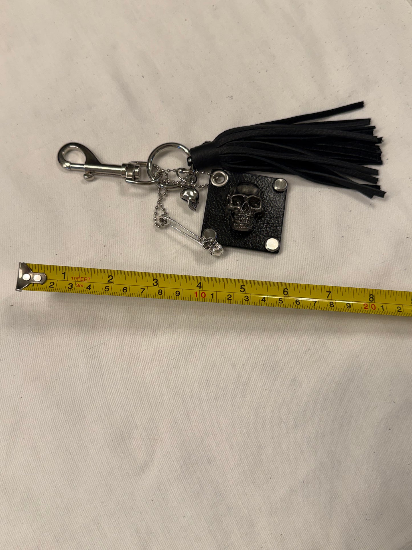 Repurposed Kate Spade Leather Skull Bag Charm Cluster – Black Pebbled Leather Tassel – Gothic Luxe – Silver Tone Hardware