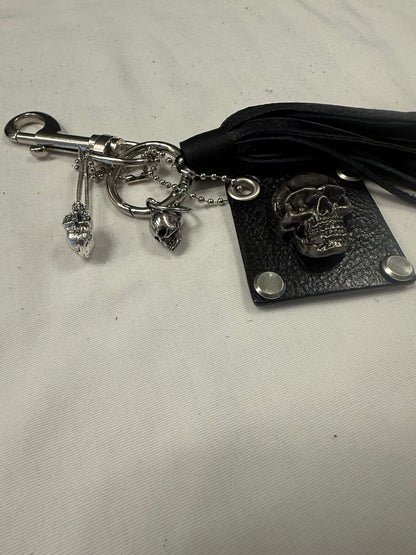Repurposed Kate Spade Leather Skull Bag Charm Cluster – Black Pebbled Leather Tassel – Gothic Luxe – Silver Tone Hardware