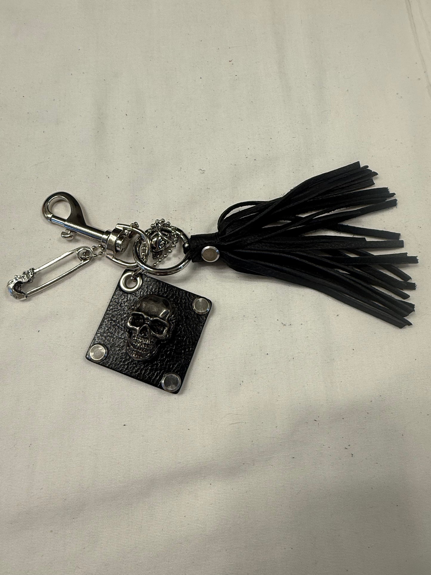 Repurposed Kate Spade Leather Skull Bag Charm Cluster – Black Pebbled Leather Tassel – Gothic Luxe – Silver Tone Hardware