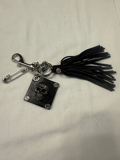 Repurposed Kate Spade Leather Skull Bag Charm Cluster – Black Pebbled Leather Tassel – Gothic Luxe – Silver Tone Hardware