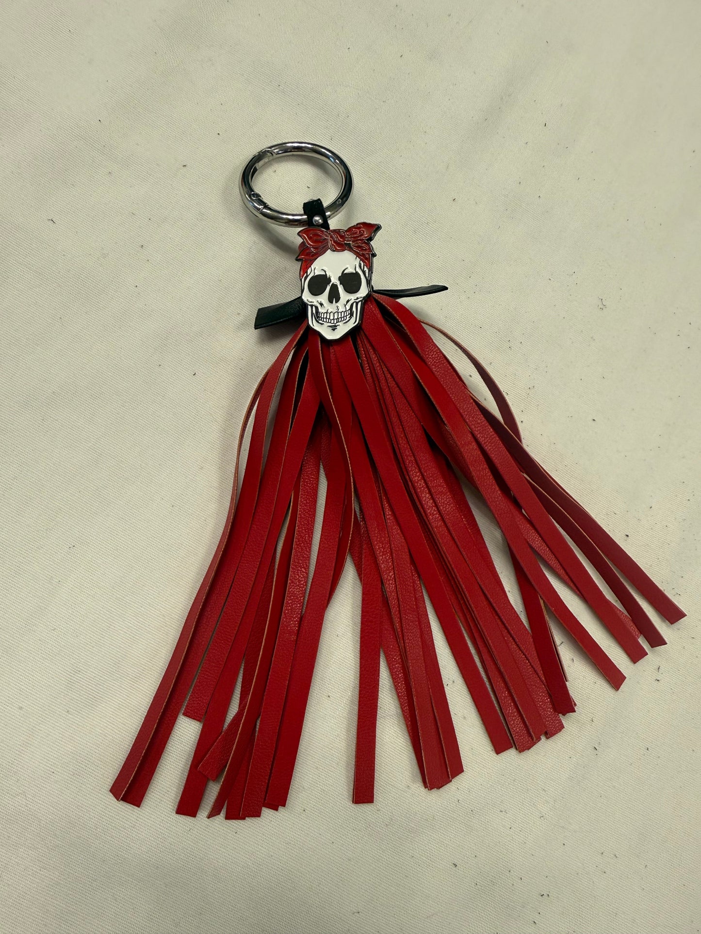 Handmade Red Vegan Leather Tassel Bag Charm – Skull with Red Bandana Pin – Silver Tone Hardware – One of a Kind