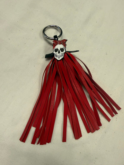 Handmade Red Vegan Leather Tassel Bag Charm – Skull with Red Bandana Pin – Silver Tone Hardware – One of a Kind