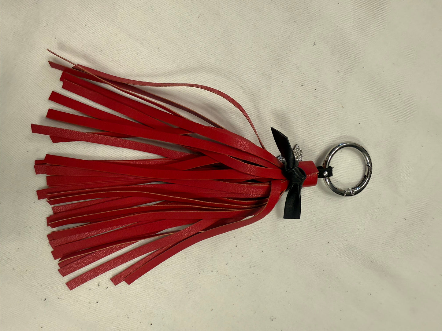 Handmade Red Vegan Leather Tassel Bag Charm – Skull with Red Bandana Pin – Silver Tone Hardware – One of a Kind