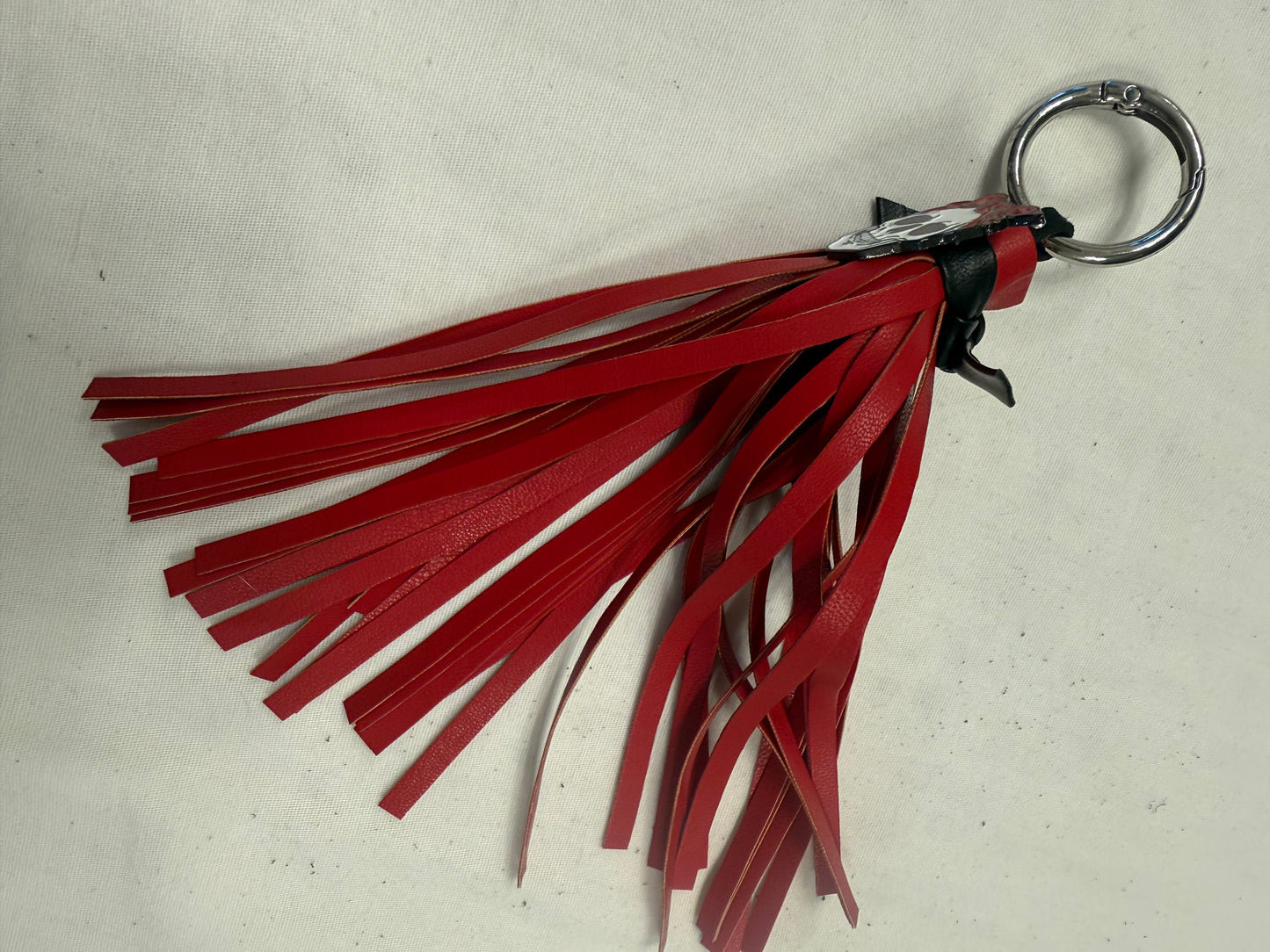 Handmade Red Vegan Leather Tassel Bag Charm – Skull with Red Bandana Pin – Silver Tone Hardware – One of a Kind