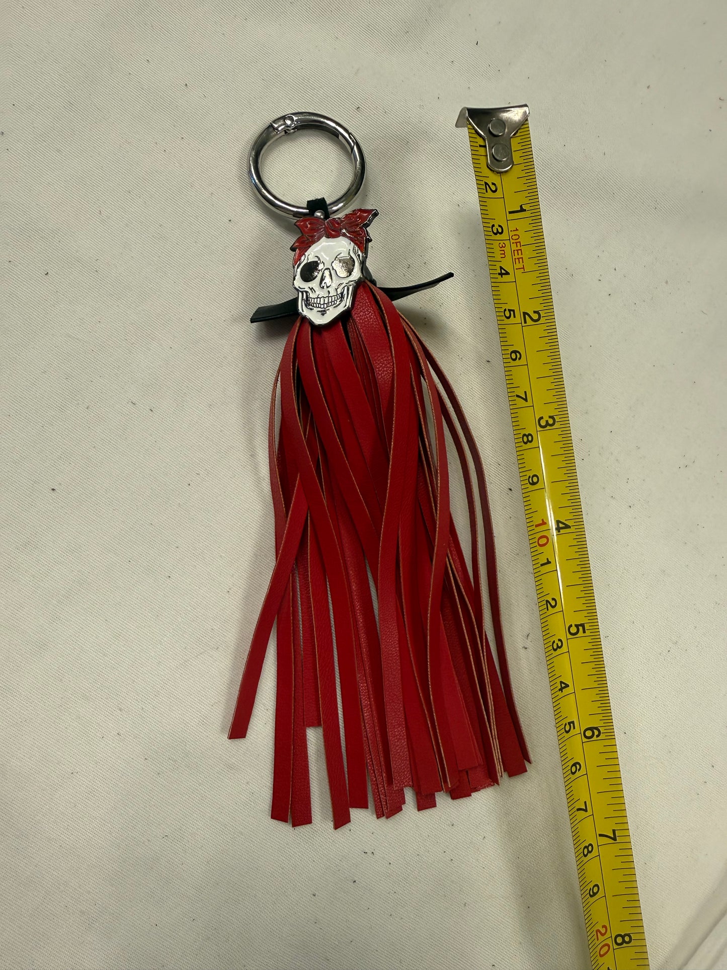 Handmade Red Vegan Leather Tassel Bag Charm – Skull with Red Bandana Pin – Silver Tone Hardware – One of a Kind