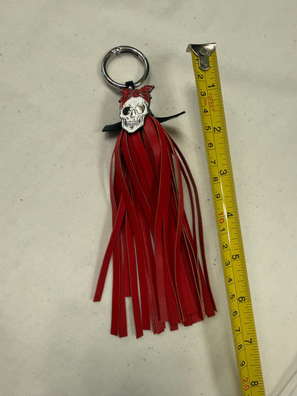 Handmade Red Vegan Leather Tassel Bag Charm – Skull with Red Bandana Pin – Silver Tone Hardware – One of a Kind