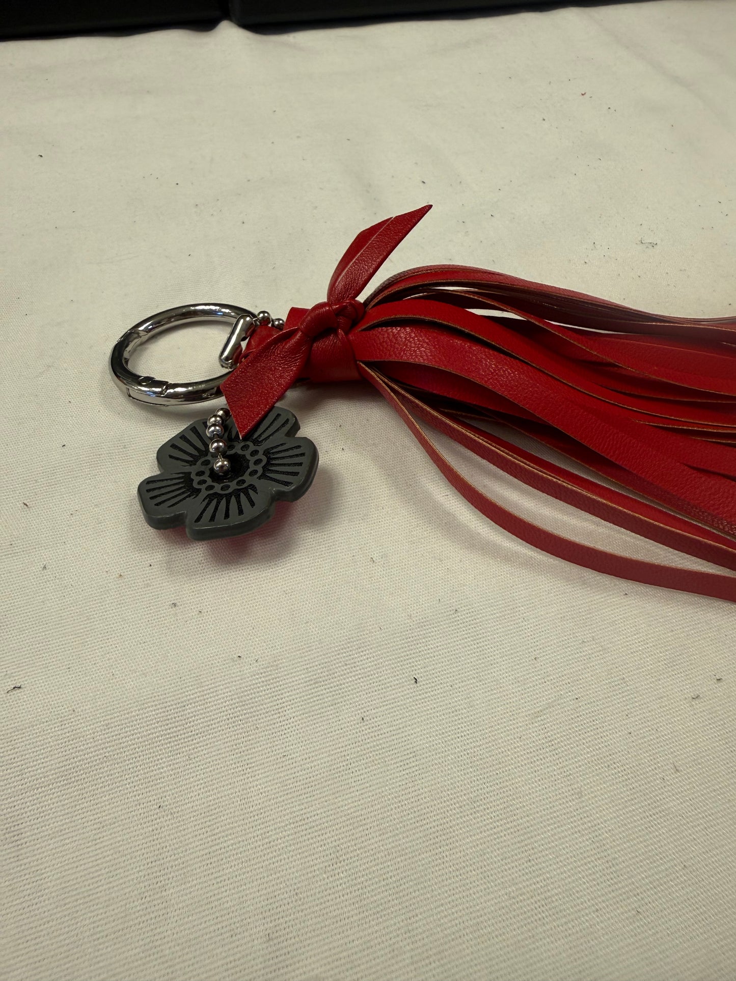 Handmade Red Vegan Leather Tassel Bag Charm – Gray Coach Tea Rose Accent – Silver Tone Hardware – One of a Kind