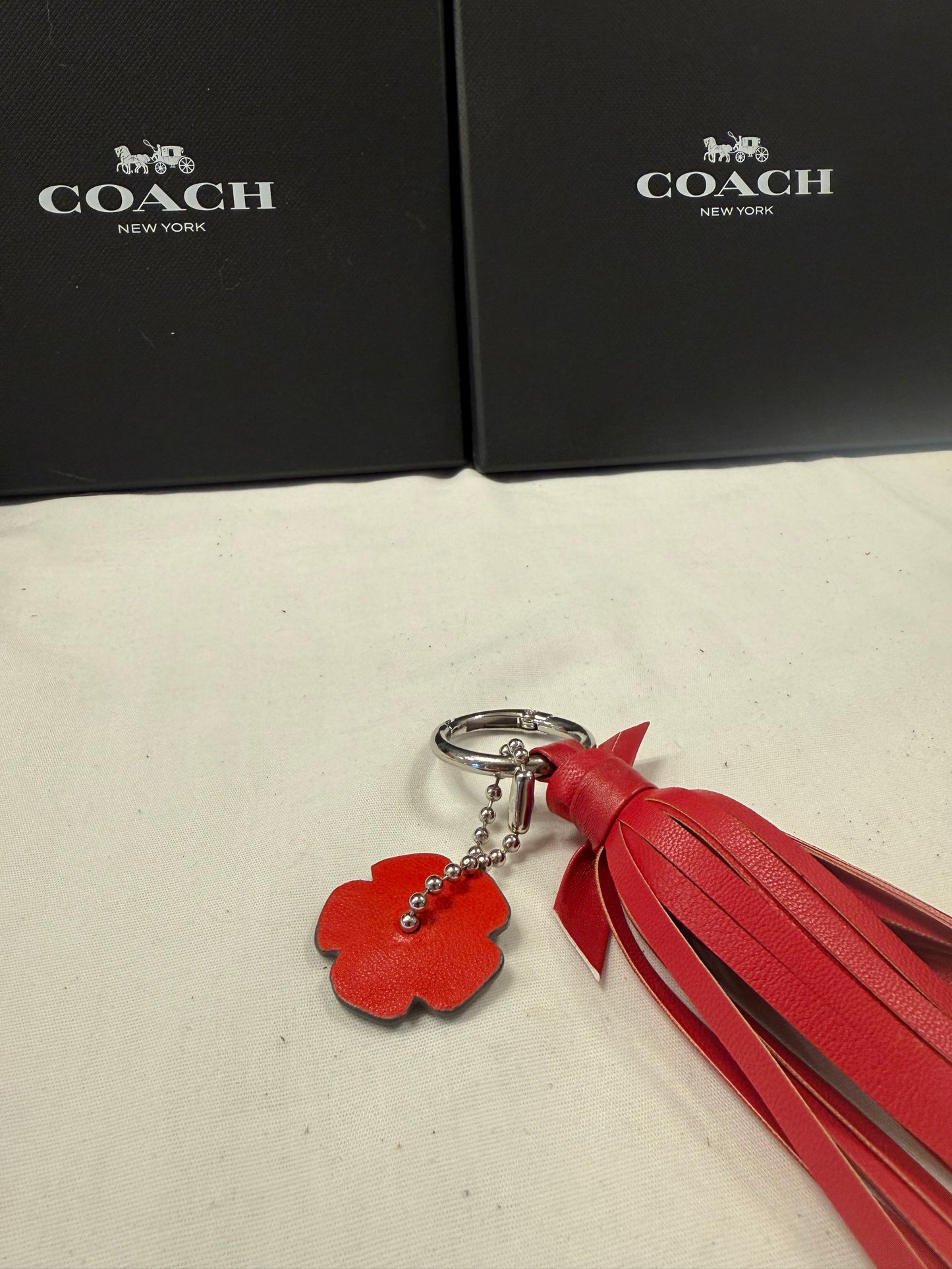 Handmade Red Vegan Leather Tassel Bag Charm – Gray Coach Tea Rose Accent – Silver Tone Hardware – One of a Kind