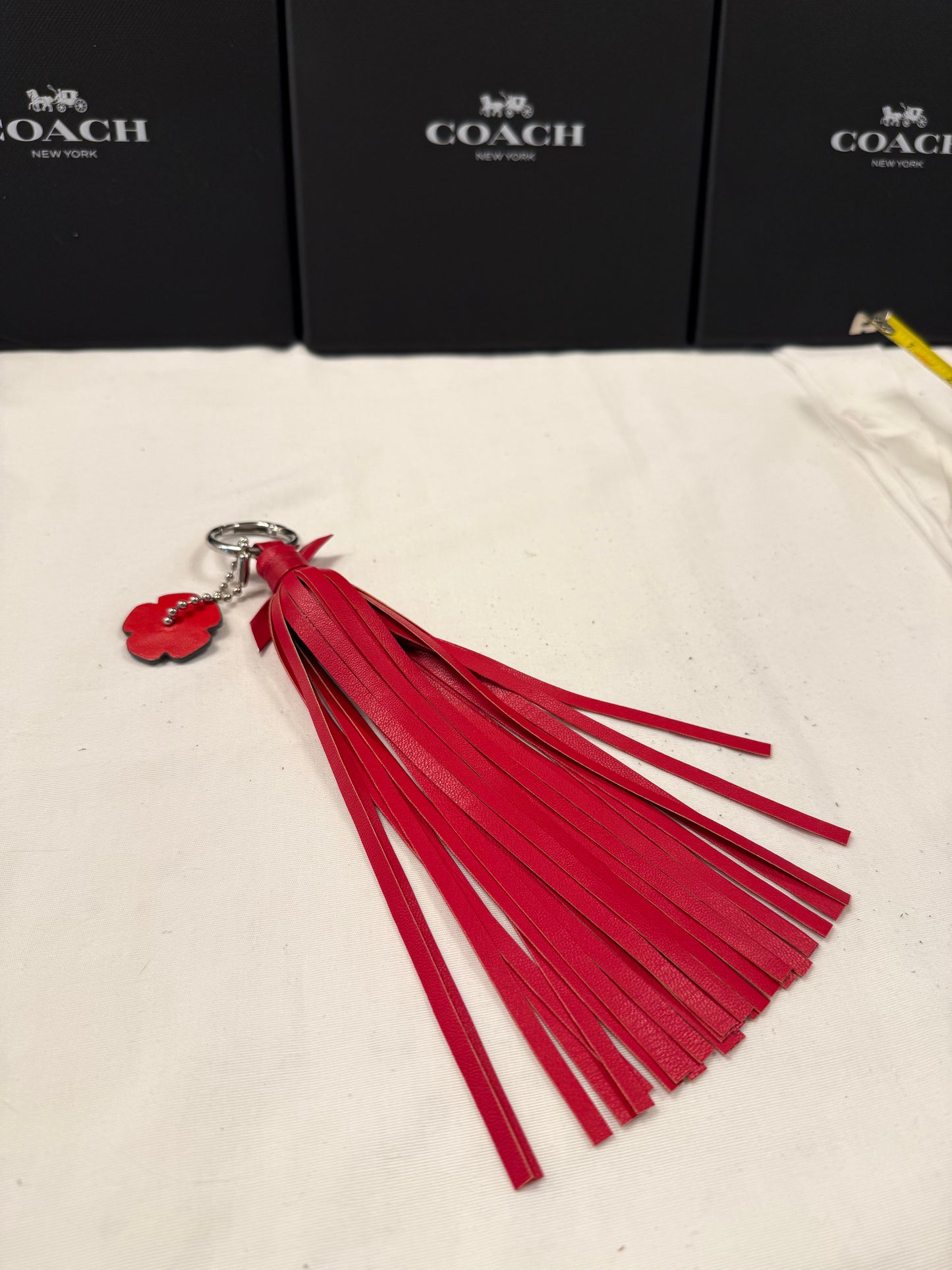 Handmade Red Vegan Leather Tassel Bag Charm – Gray Coach Tea Rose Accent – Silver Tone Hardware – One of a Kind