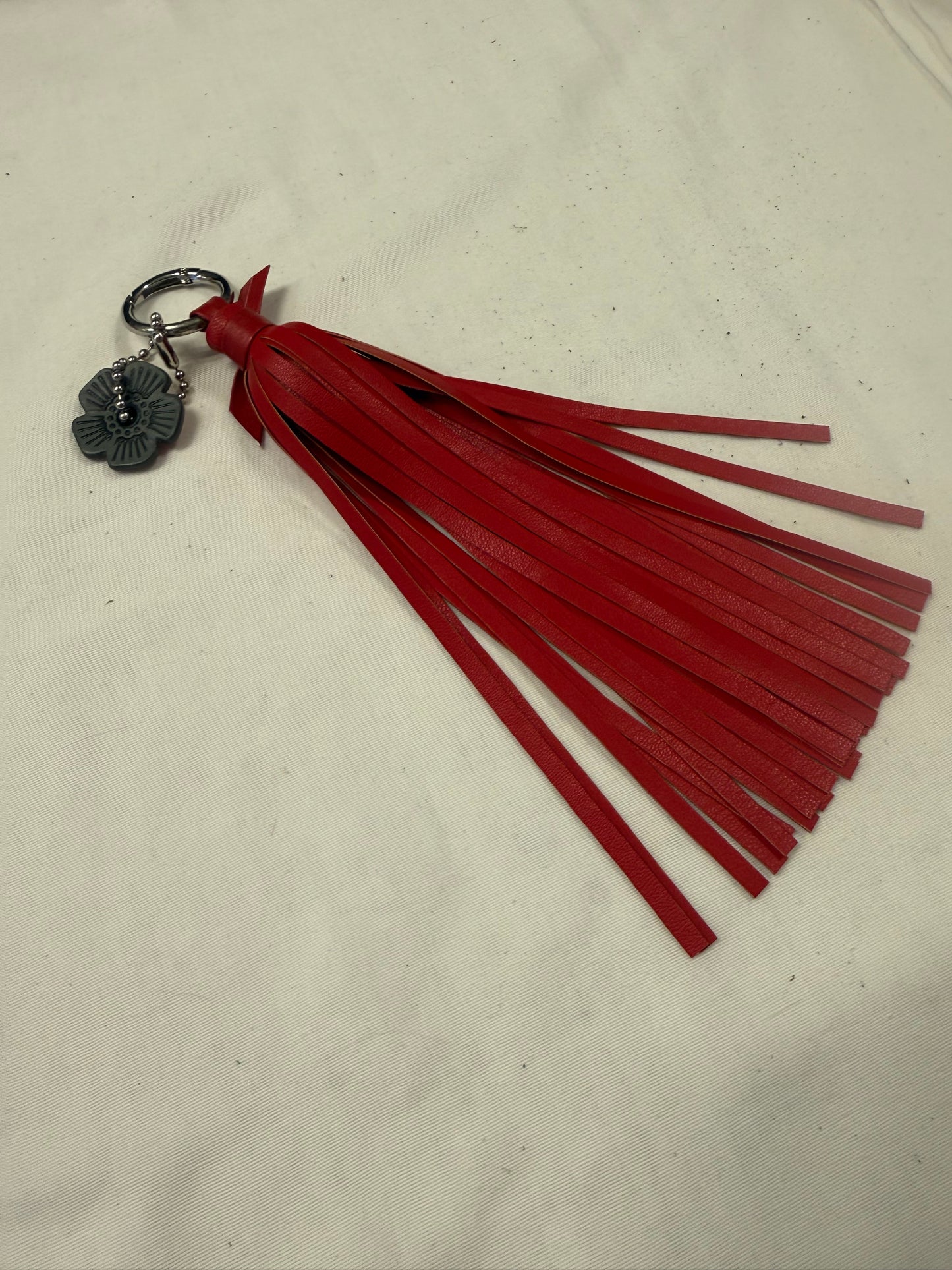Handmade Red Vegan Leather Tassel Bag Charm – Gray Coach Tea Rose Accent – Silver Tone Hardware – One of a Kind