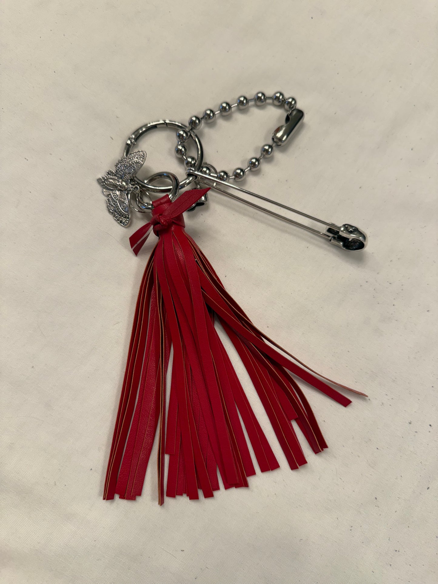 Handmade Red Vegan Leather Bag Charm Cluster – XL Skull Safety Pin – Skull Moth Charm – Silver Tone Hardware