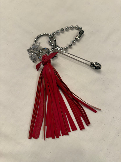 Handmade Red Vegan Leather Bag Charm Cluster – XL Skull Safety Pin – Skull Moth Charm – Silver Tone Hardware